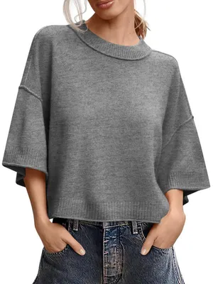 Produktbild von Damen Kurzarmpullover,Sommer,Oversized Cropped Pullover,Lässige Rundhals-Pullover,Leichte Strickoberteile