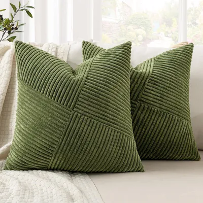 Produktbild von Kissenbezug 45x45 cm, Matcha-Grün, Cord, 2-teiliges Set, Dekorativer Kissenbezug, Sofakissenbezug, Dekokissen, Streifenmuster, Patchwork-Design für das Wohnzimmer