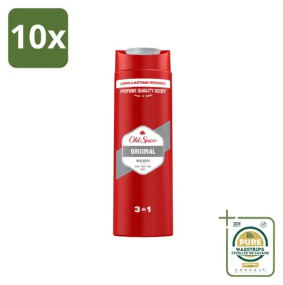 Imagen del producto de 10 unidades de gel de ducha 3 en 1 Old Spice Original, 400 ml cada uno. Paquete de suministro