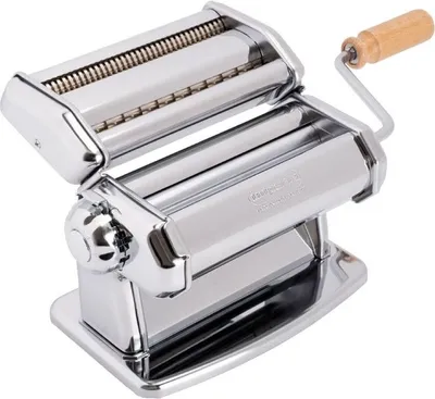 A chrome-plated pasta maker with a wooden handle is shown against a white background.