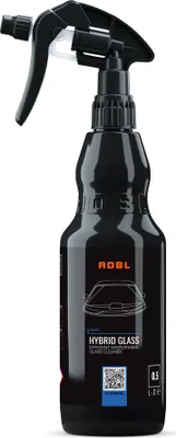 A black spray bottle of ADBL Hybrid Glass cleaner is shown against a white background.