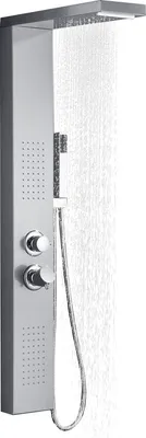A modern stainless steel shower panel with water flowing from the overhead showerhead.