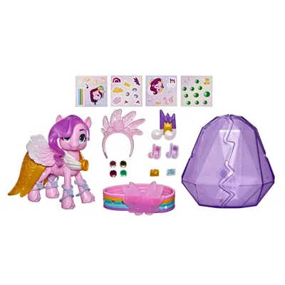 A toy set with a pink pony figure, accessories, and a purple crystal-shaped container, laid out on a white background.