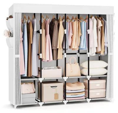 Produktbild von Stoffkleiderschrank 170cm Weiß mit 4 Regalen und 4 Kleiderstangen