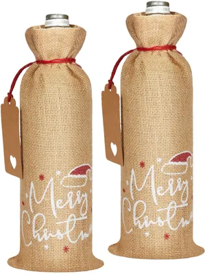 Produktbild von BRUBAKER Weinbeutel für Weihnachten - Merry Christmas - 36 cm x 17 cm Jutesack - Sack für Wein, Sekt - Frohe Weihnachten Flaschenbeutel, 2 Stück