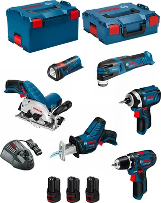 Produktbild von BOSCH Kit 12V BMK6-28AD3 (GSR 12V-15+GDR 12V-105+GKS 12V-26+GOP 12V-28+GSA 12V-14+GLI 12V-80+3 x 2,0 Ah+GAL1230CV )