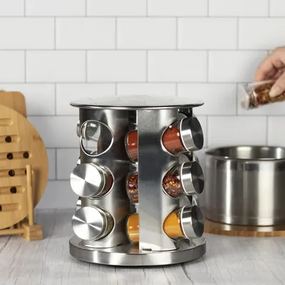 Produktbild von Aufbewahrungsregal für Küchengewürzgläser, 360° drehbar, Gewürzgläser mit Deckel, 12 Gewürzgläser aus Glas à 88 ml (19,5 x 19,5 x 22,5 cm)