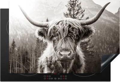 Obrázek produktu pro KitchenYeah® Krycí deska na sporák Scottish Highlander - Animals - Black - White , 78x52cm, dekorace do kuchyně, keramická krycí deska na sporák, krycí deska na varnou desku