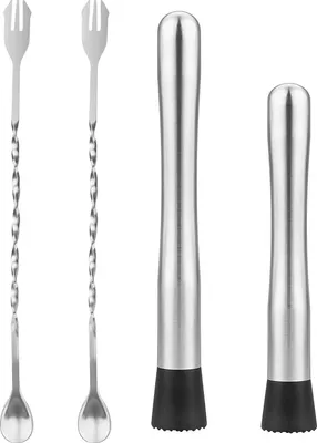 Produktbild von 20,3 cm Cocktail-Stampfer mit 2 Messlöffeln - 25,4 cm - Edelstahl-Cocktail-Set zum Zubereiten von Mojitos, Milchtee und Kaffee
