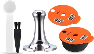 Obrázek produktu pro Sada opakovaně použitelných kávových kapslí pro Tassimo – 180 ml, plastové kapsle, 60 ml náhradní víčka, tamper z nerezové oceli s lžičkou a kartáčem