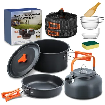 Immagine prodotto di Omgoods - Set da campeggio completo per cucinare, composto da 10 pezzi, ideale per 2-4 persone