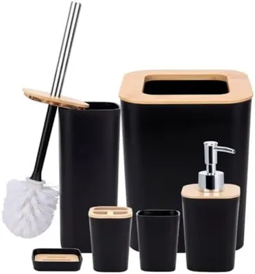 Produktbild von PolkaHome® 7-teiliges Bambus-Badaccessoire-Set mit Seifenspender, Seifenschale, Zahnbürstenhalter, Abfalleimer, Toilettenbürste und Tablett