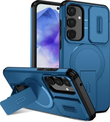 Obrázek produktu pro Magnetické pouzdro pro Samsung Galaxy A55, dvouvrstvé odolné pouzdro s posuvnou ochranou fotoaparátu a nastavitelným stojánkem Modrá