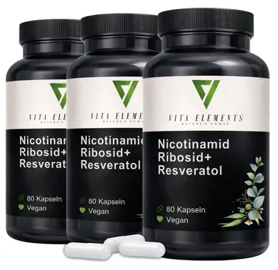Produktbild von Vita Elements NAD+ Komplex 3er Set 80 Kapseln Nicotinamid Ribosid Resveratrol NR Nahrungsergänzungsmittel