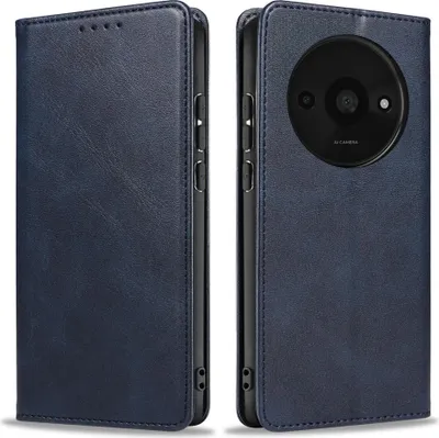 A dark blue leather flip case for a smartphone is shown from two angles.