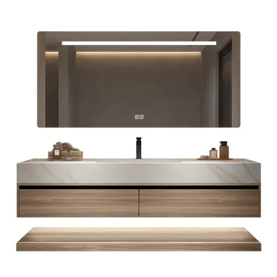 Produktbild von Sinterstein Waschbecken weiß Arbeitsplatte Holzmaserung Unterschrank Set mit Spiegel【RW3256-130 K】