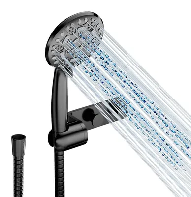 Produktbild von Duschkopf mit Schlauch und Halterung, Hochdruck, 8 Strahlarten, Wassersparend, Schwarz
