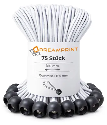 Produktbild von Dreamprint 75 Stück Spanngummi mit Kugel 180mm Ø 6mm schwarz-weiß Expander-Schlingen Gummi Seile Planenspanner Gummischlaufen