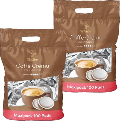 Produktbild von Tchibo Kaffeepads Vorratspack Maxipack, Caffè Crema vollmundig, 200 Stück – 2x 100 Pads (Kaffee, ausgewogen und vollmundig), nachhaltig, geeignet für Senseo Maschinen