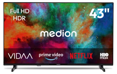 Produktbild von MEDION 108 cm (43 Zoll) Full HD Fernseher (Smart-TV, HDR, VIDAA Store, HBO Max, MagentaTV, Prime Video, Disney+, DAZN, Paramount+, HbbTV, PVR, Bluetooth, MD 843101)