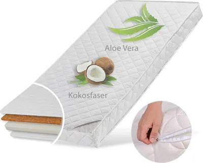 Produktbild von Kindermatratze KOKOS 90x200 cm mit gestepptem Aloe Vera-Bezug, 10 cm hoch, Körpergewicht bis 60 kg, Babymatratze Kindermatratze 90 x 200 Kokos-Matratze für Babybett oder Kinderbett