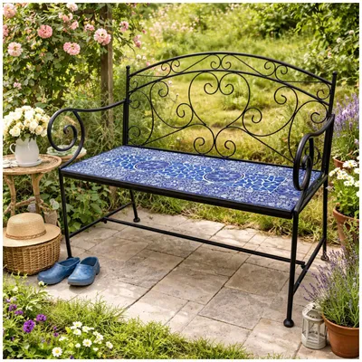 Produktbild von Metall Gartenbank mit Mosaik Sitzfläche Vintage Gartenbank 109 cm