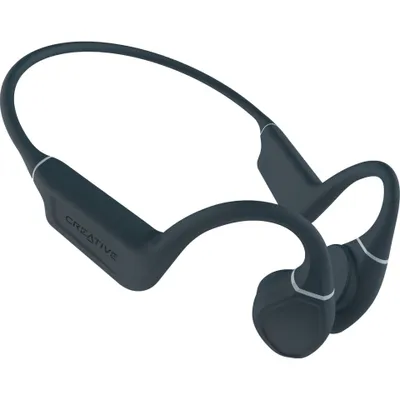 A pair of black bone conductor headphones on a white background.