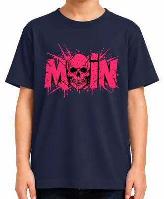 Produktbild von Moin Totenkopf Skull Pink Splatter Küstenkind Norddeutschland Kinder T-Shirt, Navy, 152