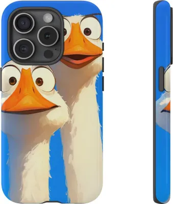 Produktbild von Zwei lustige Gänse mit großen Augen auf blauem Hintergrund – Hülle Kompatibel mit iPhone 15 Pro