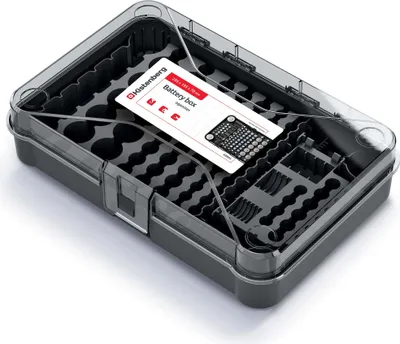 An open battery organizer box with a card inside.