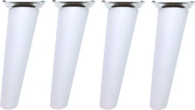 Four white furniture legs with silver mounting plates are arranged in a row against a white background.