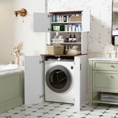 A bathroom or laundry room setting with a washing machine cabinet and various toiletries.
