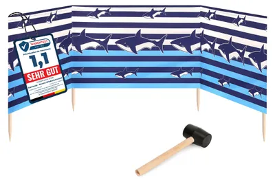 Produktbild von Garronda Strand Windschutz Sichtschutz 4m lang plus Gummihammer GAEX001 (Streifen/Haie, 4 m)