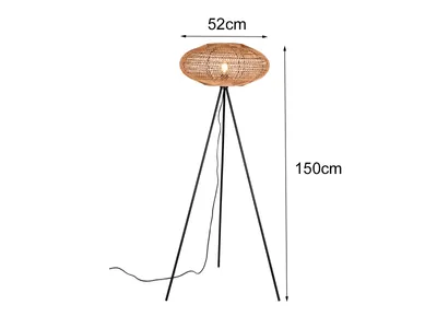 A floor lamp with a woven shade and a tripod base, shown against a white background with dimensions indicated.