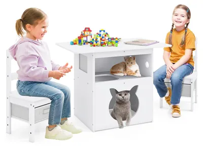 Obrázok produktu pre Sada detského stolíka FANTASK, 3-dielna, sedacia súprava 2 v 1 so stoličkami a látkovými zásuvkami