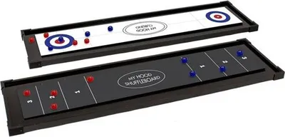 Two game boards, one for shuffleboard and one for curling, are shown side-by-side against a white background.