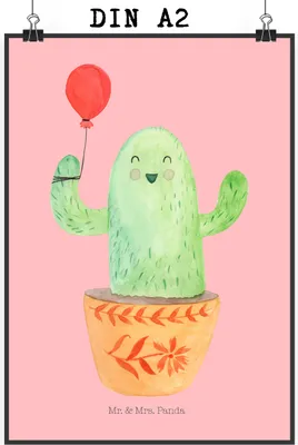 Produktbild von Mr. & Mrs. Panda Bild Kaktus Luftballon DIN A2 - Rot Pastell - Geschenk, Wandbild, Freundin, Kunstdruck, drucke, Ausbildung, wanddeko, Kakteen, Stress, Neustart