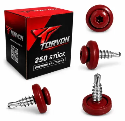 Produktbild von TORVON Selbstbohrende Blechschrauben mit EPDM Dichtscheibe Flachkopf Torx 4,8 x 19 mm RAL 3009 Oxidrot 250 St.