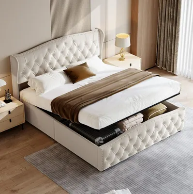 Immagine prodotto di Letto imbottito ProximaX 140x200 cm con rete a doghe, letto contenitore idraulico con rete, letto funzionale letto matrimoniale in velluto, beige