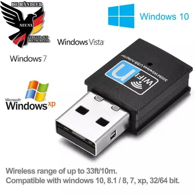A collage of a USB Wi-Fi adapter with various Windows logos and product information.