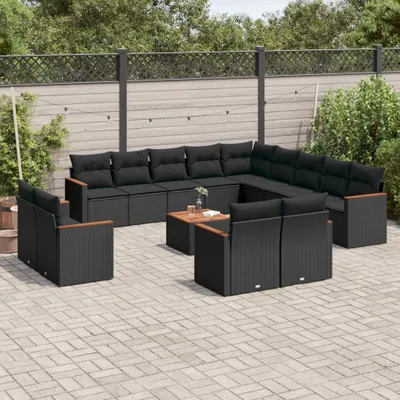Produktbild von Design 14-tlg. Garten-Sofagarnitur mit Kissen Schwarz Poly Rattan, Gartenmöbel-Sets 2024 Neu