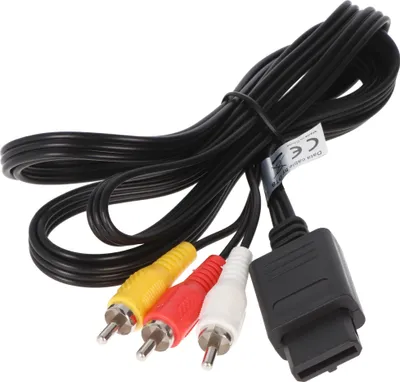 A black AV cable with three RCA connectors (yellow, red, white) and a proprietary connector for a game console.