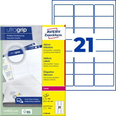 Produktbild von Avery Zweckform L7160-40, Adress-Etiketten, A4, Qualitätsdruck mit: ultragrip, 63,5 x 38,1 mm, 840 Etiketten / 40 Bögen, weiß