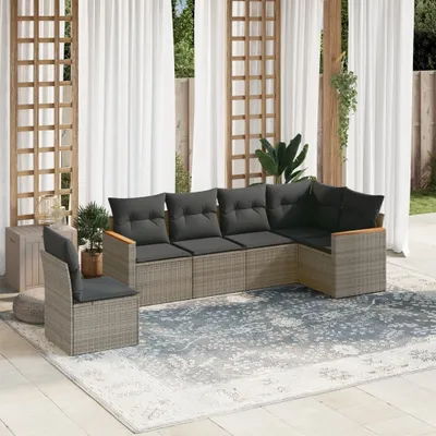 Produktbild von Design 6-tlg. Garten-Sofagarnitur mit Kissen Grau Poly Rattan, Gartenmöbel-Sets 2024 Neu