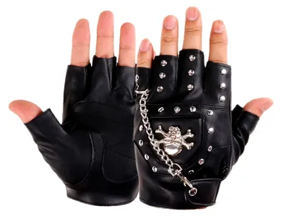 Produktbild von Halbfinger Punk Nieten Kunstleder Handschuhe Schwarz mit Metallkette