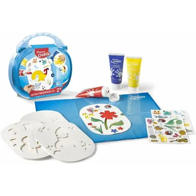 A finger painting kit for children is displayed on a white background.