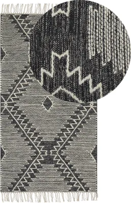 Obrázok produktu pre BELIANI Koberec čierna a biela bavlna vlna 80 x 150 cm geometrický vzor strapce orientálny boho