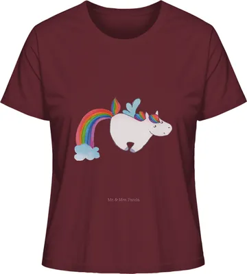 Produktbild von Mr. & Mrs. Panda Damen T-Shirt Einhorn Fliegendes Pferd Größe XL - Burgundy - Geschenk, Oberteil, Kurzarmshirt, Basic Shirt, Unicorn, Regenbogen, Glitzer, Realität