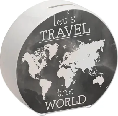 Produktbild von Spardose mit Weltkarten Motiv und Text - let's travel the world in Schwarz