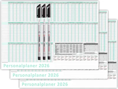 Produktbild von 3 Stück Urlaubsplaner / Personalplaner 2026 nass abwischbar mit Folienkaschierung +3 Folienstifte - DIN B2 Format (700 x 500mm) 22 Mitarbeiter Januar bis März Folgejahr mit Schulferien (gerollt!)